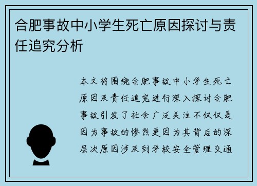 合肥事故中小学生死亡原因探讨与责任追究分析