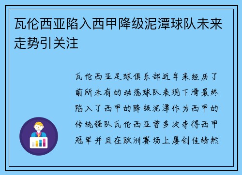 瓦伦西亚陷入西甲降级泥潭球队未来走势引关注 瓦伦西亚陷入西甲降级泥潭球队未来走势引关注